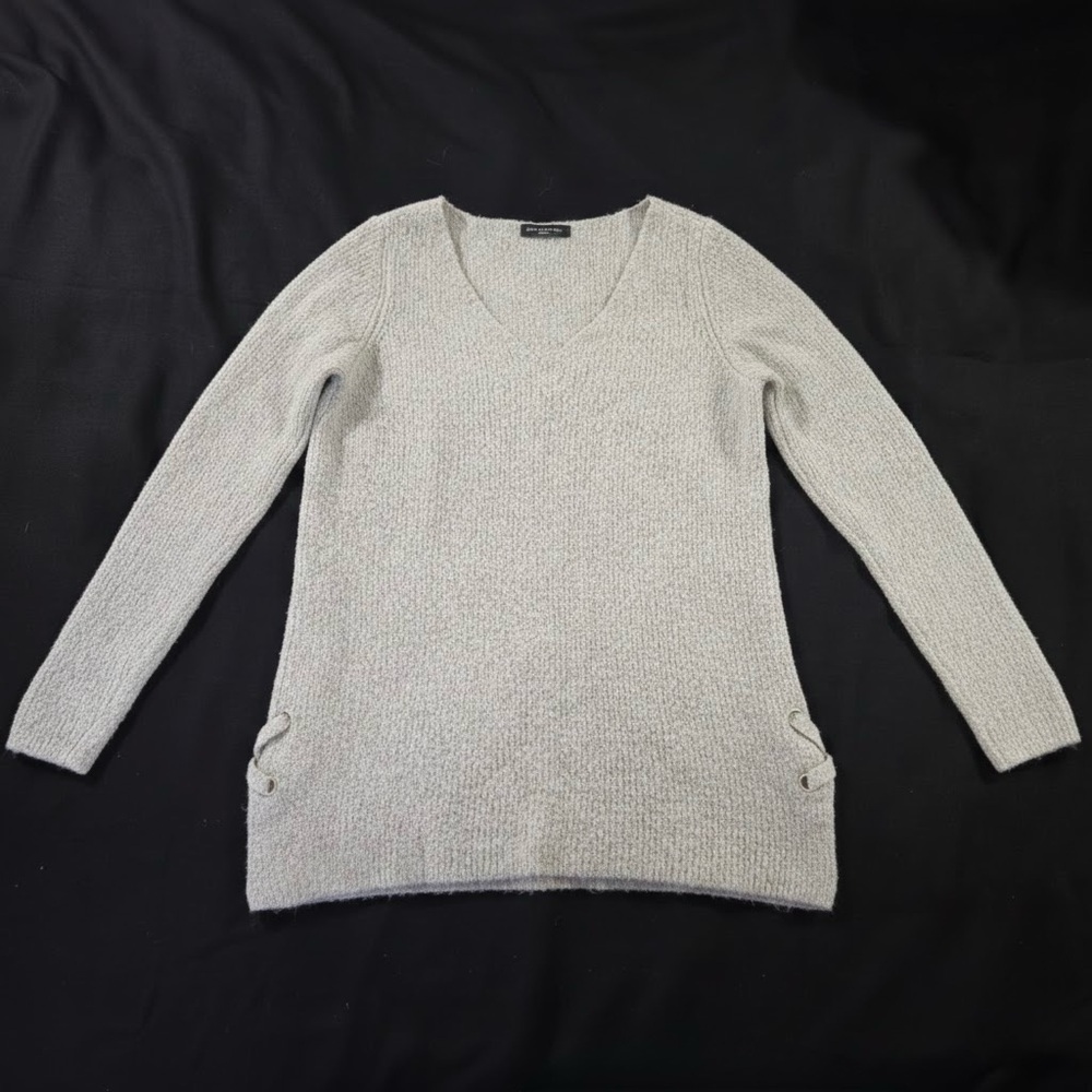 Le Château Grey Knit Boho Whimsical V-Neck Ribbed Corset Lace-Up Sides Sweater - Picture 2 of 4